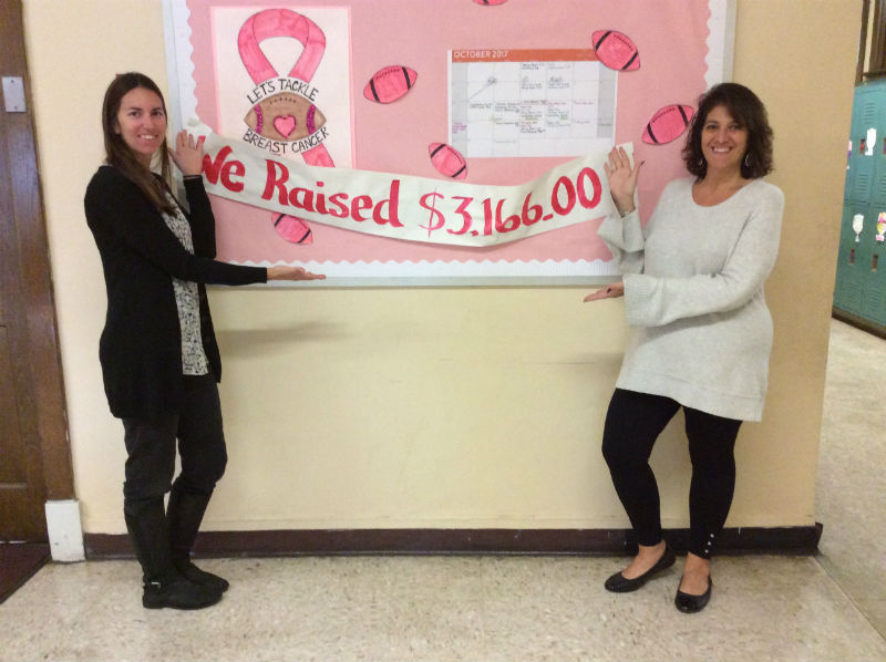FOUNDERS OF STUDENT COUNCIL: The money Mrs. Burke and Mrs. Dymond raised to help Breast Cancer Awareness.