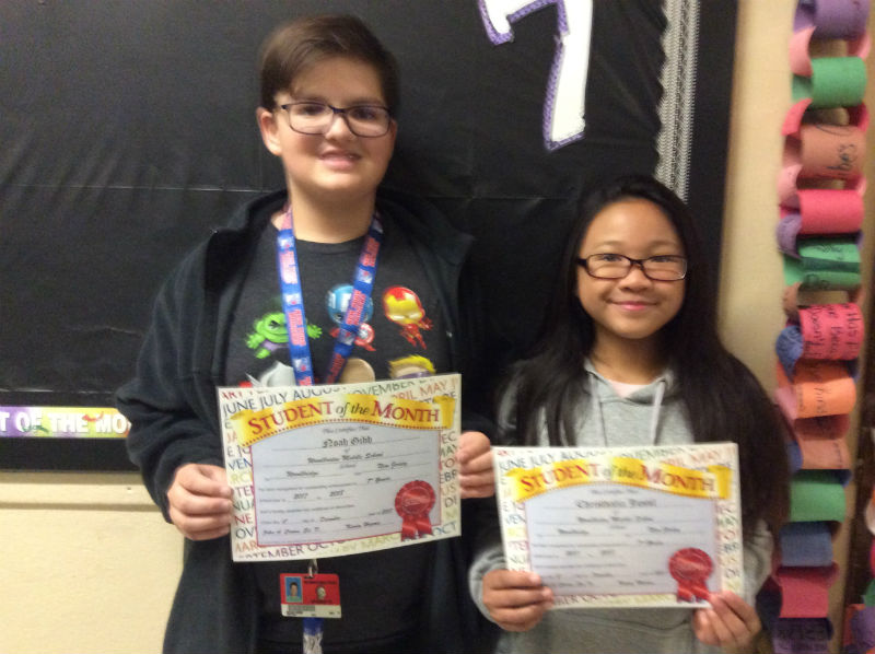 7 GRADE STUDENTS OF THE MONTH: Noah Gibb and Christhalia Jufus