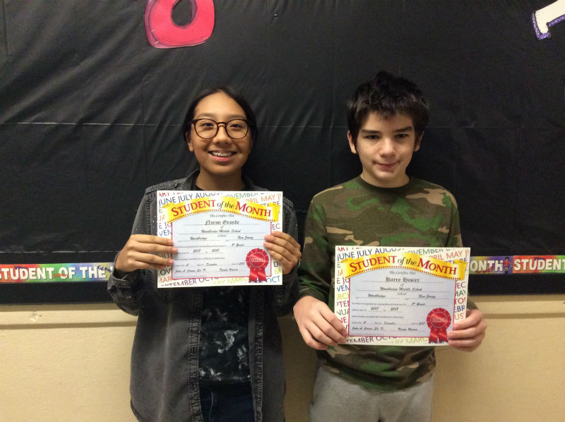 EIGHTH GRADE STUDENTS OF THE MONTH: Harry Hoiser and Noemi Grande pose for their picture with honor.