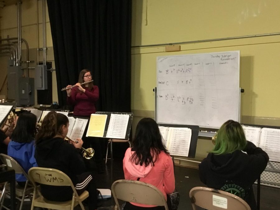 8th grade A day band class getting ready for the up coming spring concert 