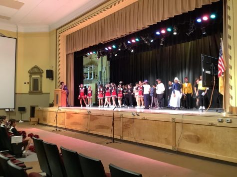 WMS PEER LEADERS AND CHEER LEADERS: Mrs. Washington and the cast take a bow after the assembly.
