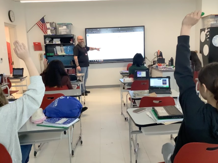 HANDS UP!: HANDS DOWN! Mr. Miller’s class shows mixed participation and his students are mostly motivated to do so!