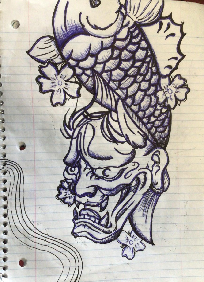 This is a drawing of a Oni mask, a Japanese mask