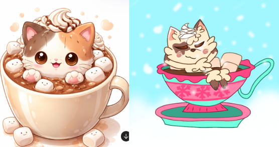 A drawing showing a cat swimming inside hot cocoa in a mug drawn by Chat GPT versus me. Not only did I have a lot more fun drawing it than generating it, but also notice how mine is more expressive and looks like the cat is actually taking a swim. 