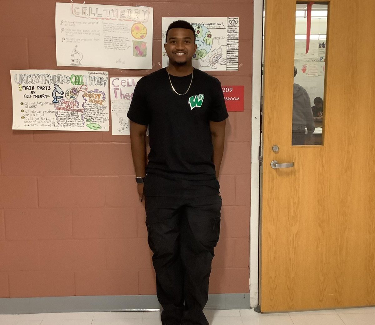 Mr.Mondseir poses for a picture outside of his class.