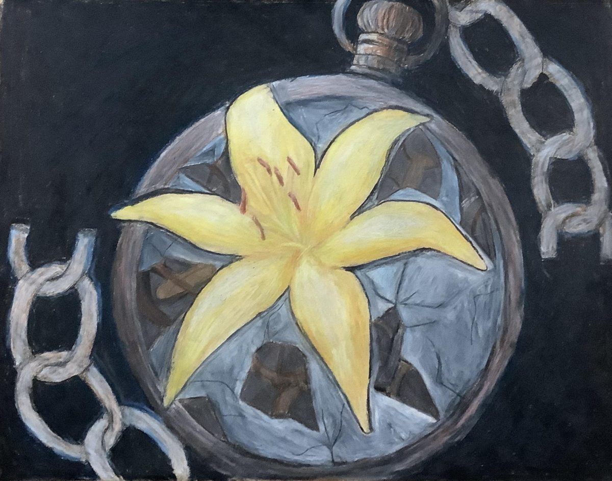 A vibrant yellow lily blooms through a shattered, rusted pocket watch. This  contrast captures the ultimate human defiance; the refusal to be broken by time, loss, and aging. 